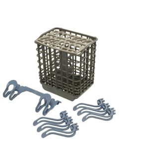 Dishwasher Silverware Basket Extension Kit (Grey/Blue) - Includes Six Light Item Clips, One Side Clip, and One Side Utensil Clip