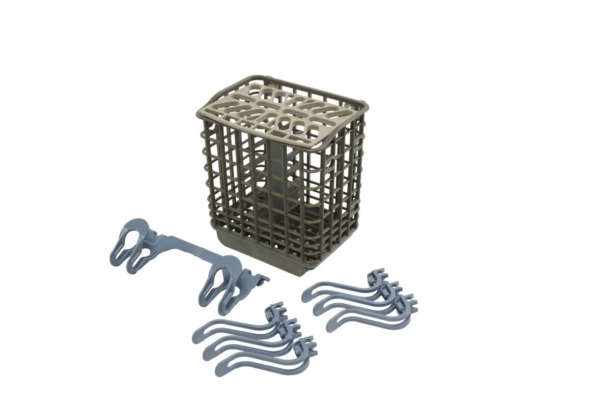 Dishwasher Silverware Basket Extension Kit (Grey/Blue) - Includes Six Light Item Clips, One Side Clip, and One Side Utensil Clip