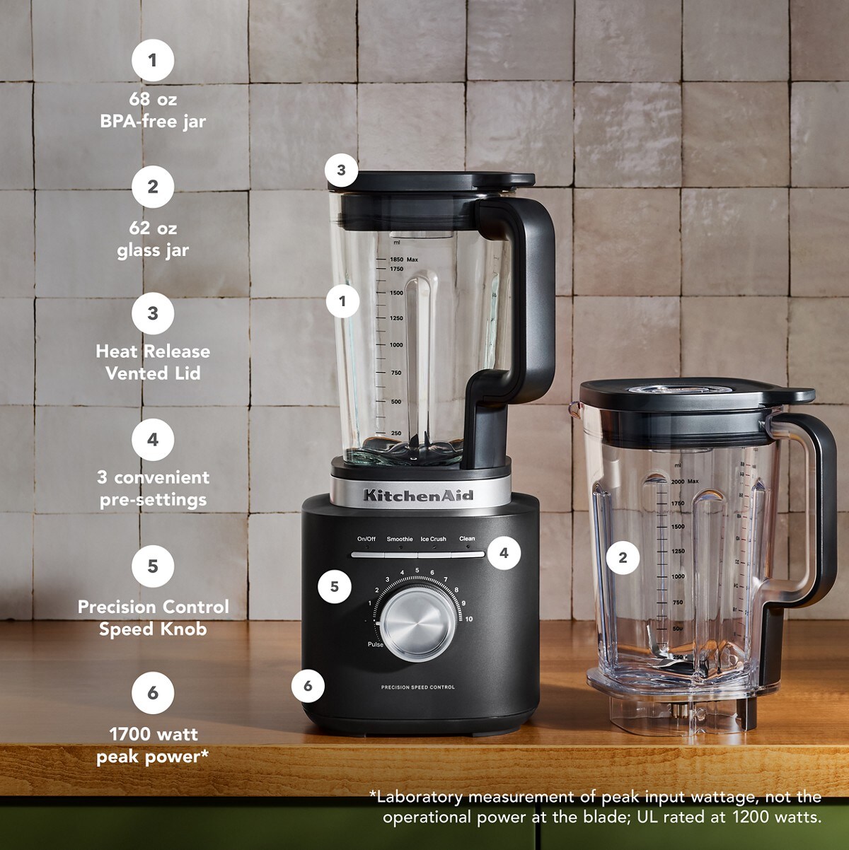 KitchenAid® Pure Power Blender with a 68oz plastic jar and a 62oz glass jar - Black Matte - Image 6