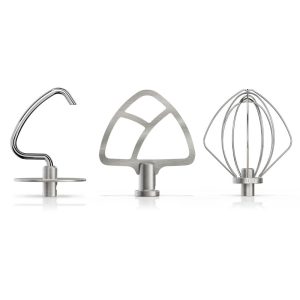 Durable stainless steel 3-piece accessory set with dough hook, flat beater, and wire whip for select KitchenAid® tilt-head stand mixers.