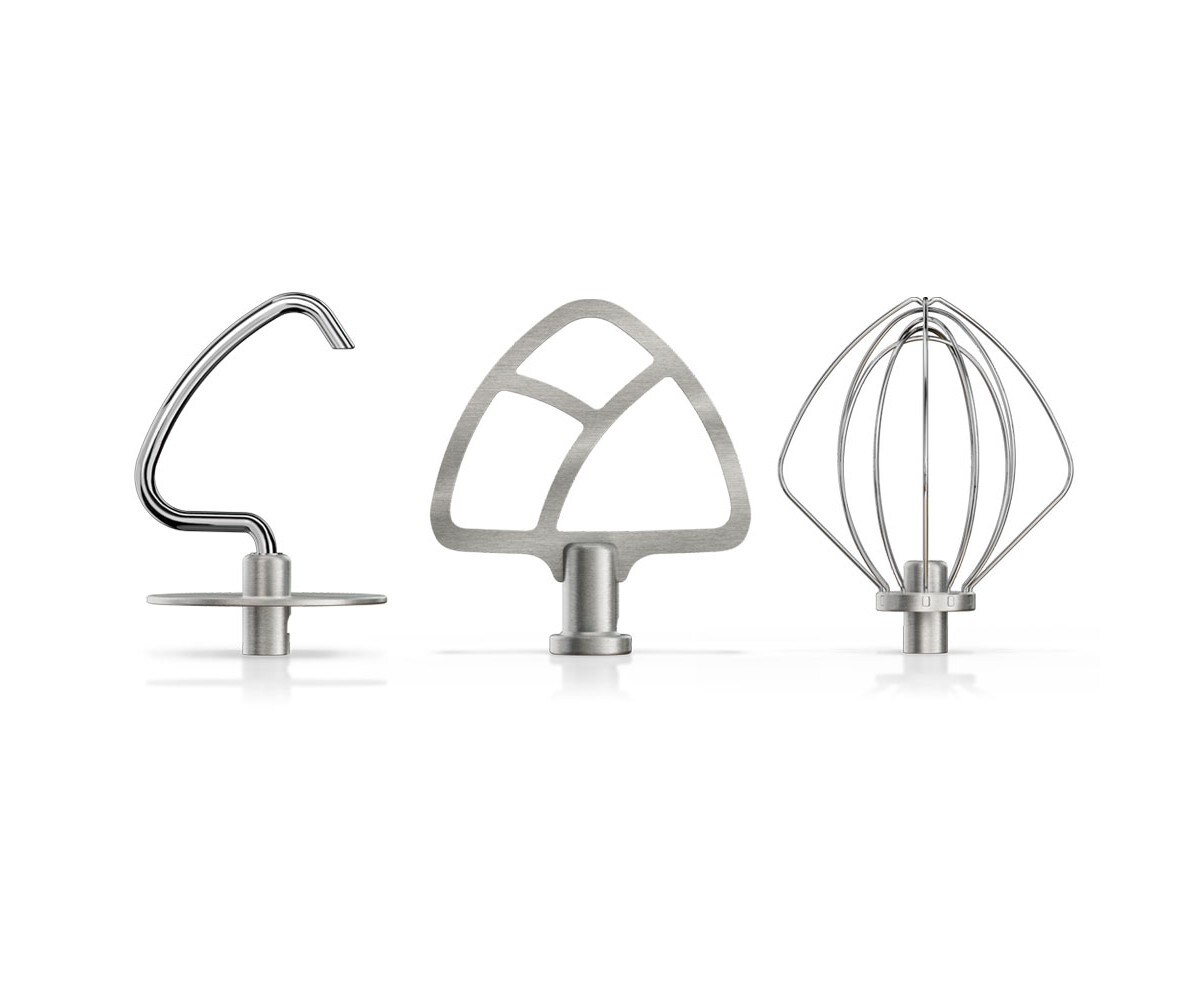 Durable stainless steel 3-piece accessory set with dough hook, flat beater, and wire whip for select KitchenAid® tilt-head stand mixers.