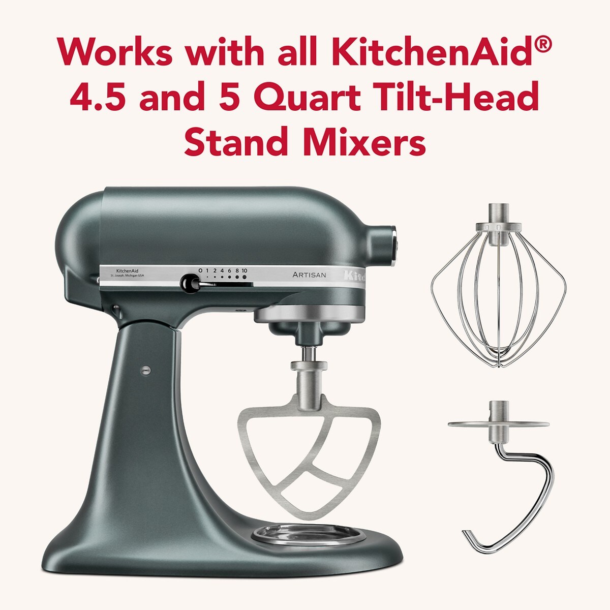 Durable stainless steel 3-piece accessory set with dough hook, flat beater, and wire whip for select KitchenAid® tilt-head stand mixers. - Image 5