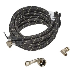 Dishwasher Inlet Supply Hose Kit of 12' rubber hose with two 3/8" ends, and 3/8" & 3/4" connectors