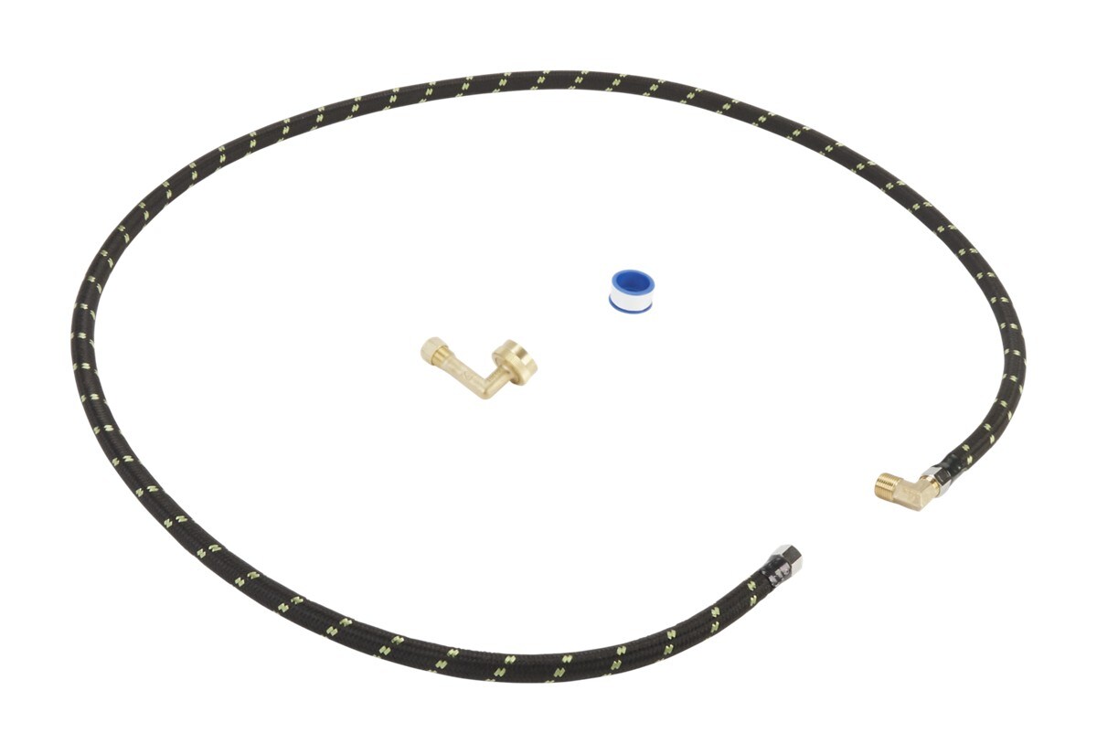 Dishwasher Water Line Installation Kit with 6' braided hose, 3/8" comp x 3/8" NPT male elbow fitting, 3/4" NH x 3/8" comp gooseneck fitting with EPDM washer, teflon tape, and instructions - Black