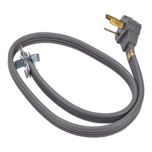 4' Electric Range Power Cord rated 50 A, with 3-wire 3-ring terminal connectors, and right-angle 3-prong plug - Grey