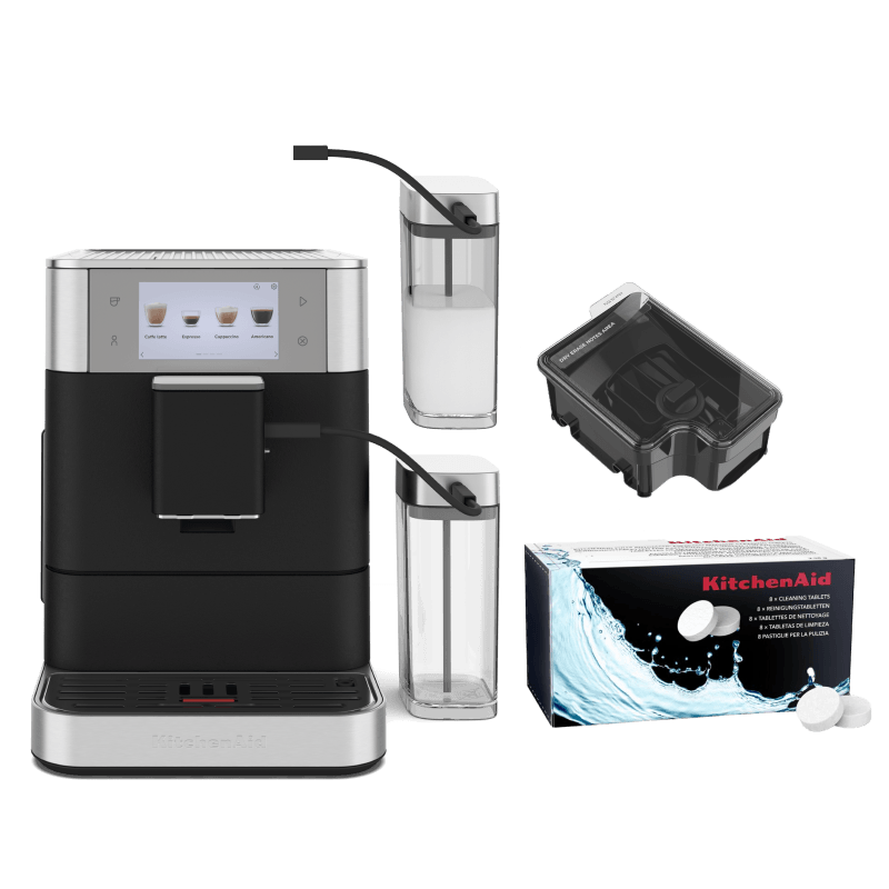 Coffee Set: Fully Auto Espresso KF8 + Cleaning Tablets + 9.5 Oz. Removable Bean Hopper + 26.7 Oz. Milk Container - Cast Iron Black