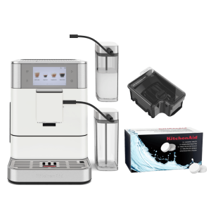 Coffee Set: Fully Auto Espresso KF8 + Cleaning Tablets + 9.5 Oz. Removable Bean Hopper + 26.7 Oz. Milk Container - Porcelain White