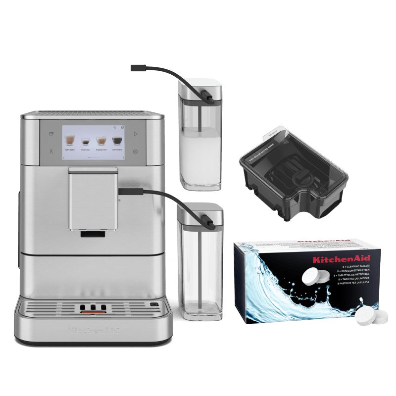 Coffee Set: Fully Auto Espresso KF8 + Cleaning Tablets + 9.5 Oz. Removable Bean Hopper + 26.7 Oz. Milk Container - Brushed Stainless Steel